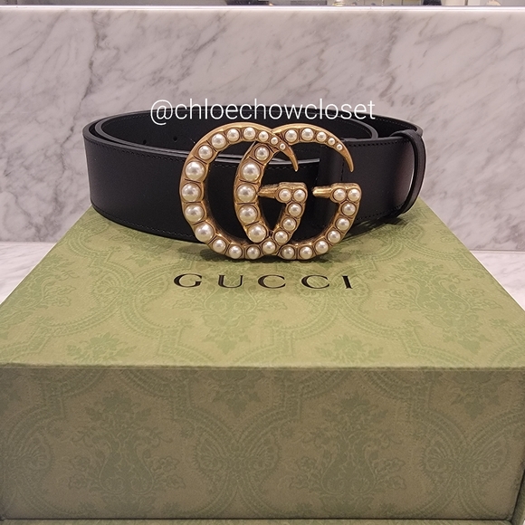 Gucci Accessories - GUCCI 90 DOUBLE G W/PEARL LEATHER BELT (BLACK W/GOLD)